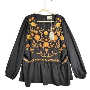 NWT SAVANNA JANE Black Orange Fall Floral Embroidery Cut Out Peasant Top SIZE 2X
